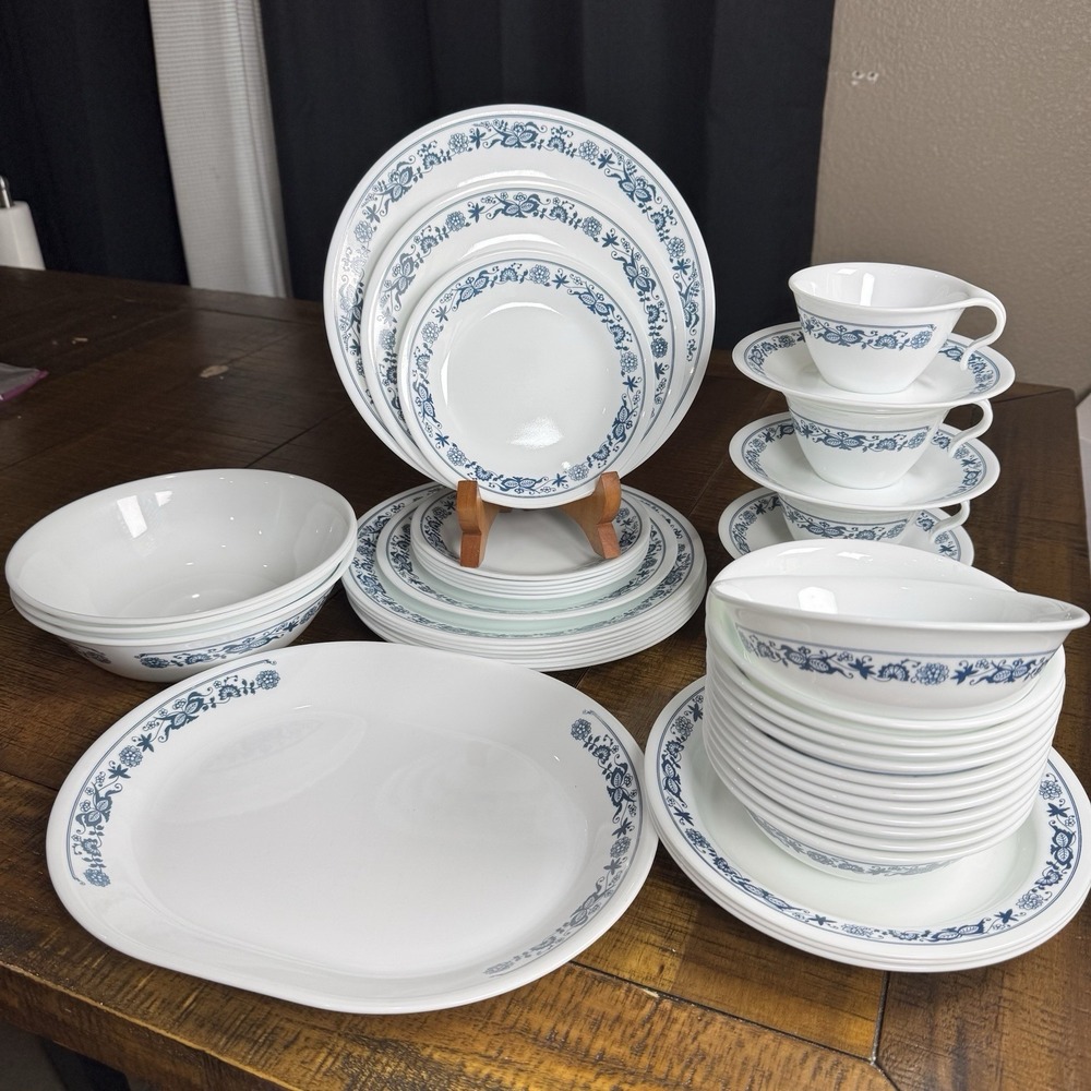 Corelle Old Town Blue Onion 43 Piece Dinnerware Set & Serving Dishes 1970's